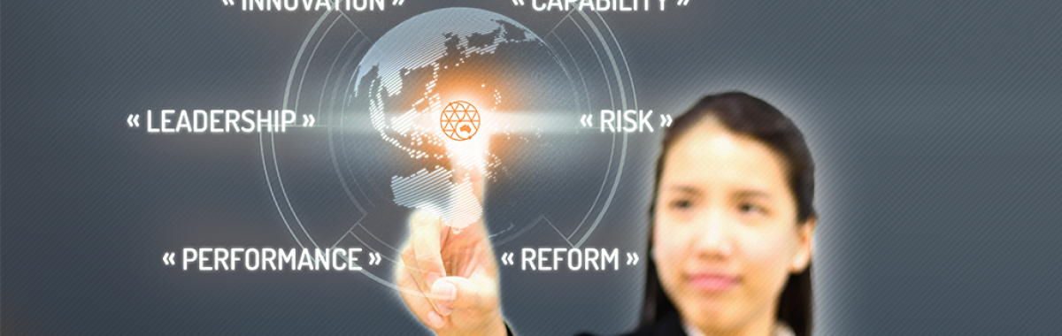 Corporate Services Faculty image - photo of lady pointing with corporate words around a translucent world globe